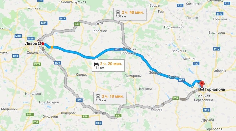 карта трансфера Тернополь Львов