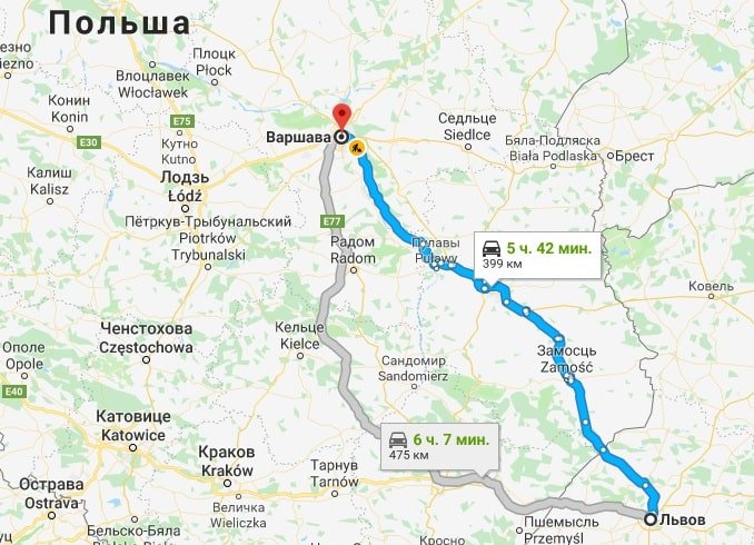 Карта трансфер Львов Варшава